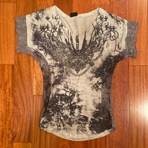 T shirt with lace and rhinestone details